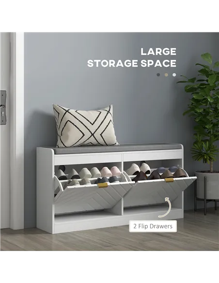 HOMCOM Shoe Storage with Seat, Upholstered Entryway Bench, Shoe Bench with 2 Flip Drawers and 2 Vents for 8 Pairs of Shoes