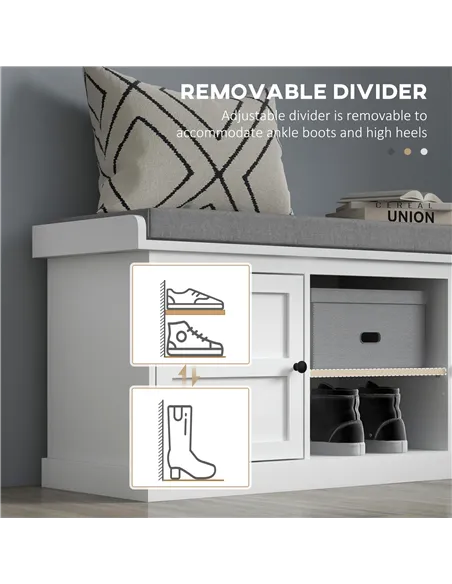 HOMCOM Multi-Compartment Shoe Storage Bench, with Top Cushion - White/Grey