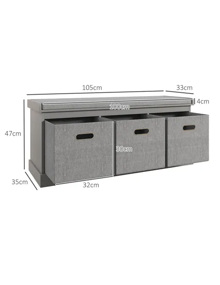 HOMCOM Three-Drawer Shoe Storage Bench, with Padded Top Seat - Grey
