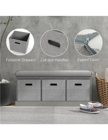 HOMCOM Three-Drawer Shoe Storage Bench, with Padded Top Seat - Grey