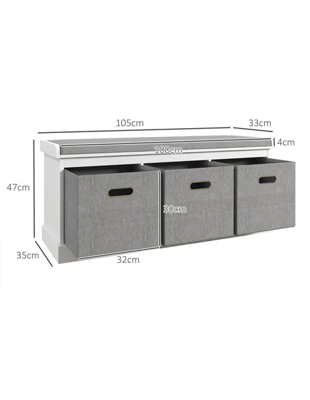 HOMCOM Three-Drawer Shoe Storage Bench, with Padded Top Seat - White
