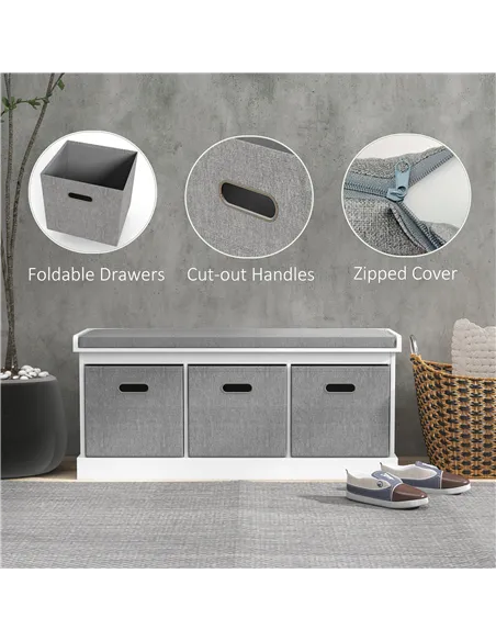 HOMCOM Three-Drawer Shoe Storage Bench, with Padded Top Seat - White