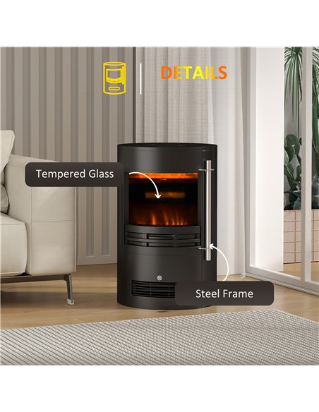 HOMCOM 1000W/2000W Freestanding Electric Fireplace, Indoor Heater Fire Stove with Log Burner Effect Flame, Thermostat Control