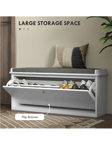 HOMCOM 10-Shoe Storage Bench, with Padded Top Seat - White/Grey