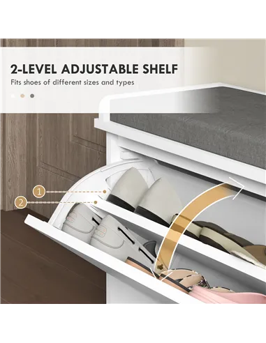 HOMCOM 10-Shoe Storage Bench, with Padded Top Seat - White/Grey