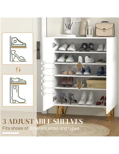 HOMCOM Narrow Shoe Storage Cabinet with Soft-Close Hinges and Adjustable Shelves for 15-20 Pairs of Shoes, White