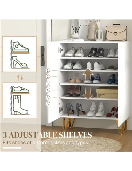 HOMCOM Narrow Shoe Storage Cabinet with Soft-Close Hinges and Adjustable Shelves for 15-20 Pairs of Shoes, White