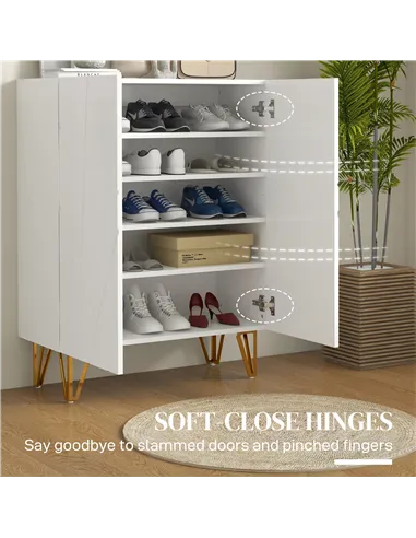 HOMCOM Narrow Shoe Storage Cabinet with Soft-Close Hinges and Adjustable Shelves for 15-20 Pairs of Shoes, White