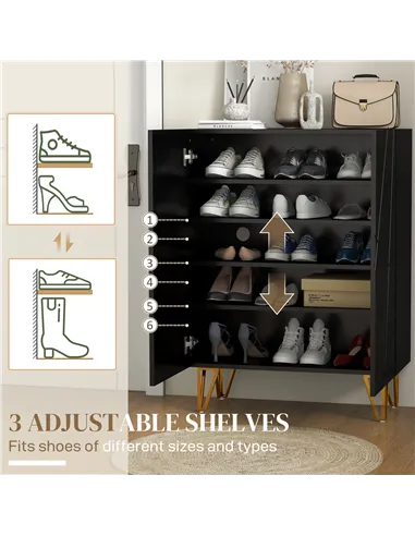 HOMCOM Narrow Shoe Storage Cabinet with Soft-Close Hinges and Adjustable Shelves for 15-20 Pairs of Shoes, Black