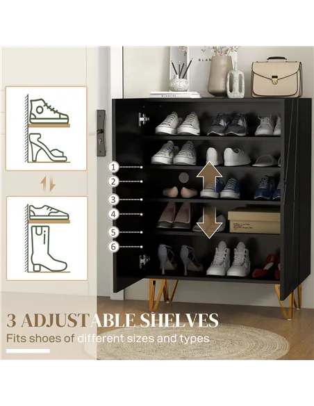 HOMCOM Narrow Shoe Storage Cabinet with Soft-Close Hinges and Adjustable Shelves for 15-20 Pairs of Shoes, Black