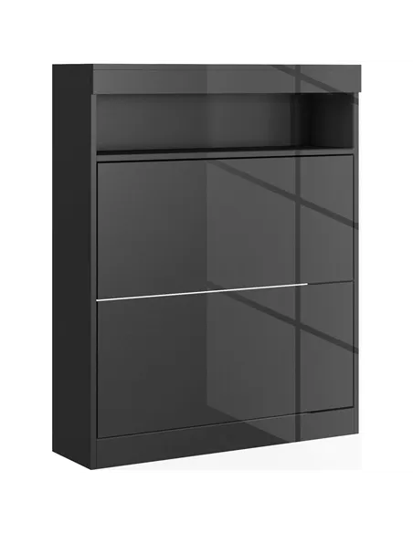 HOMCOM 16 Shoe Pair Storage Cabinet, with Flip Doors - High Gloss Black