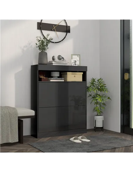 HOMCOM 16 Shoe Pair Storage Cabinet, with Flip Doors - High Gloss Black