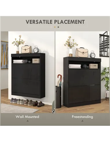 HOMCOM 16 Shoe Pair Storage Cabinet, with Flip Doors - High Gloss Black