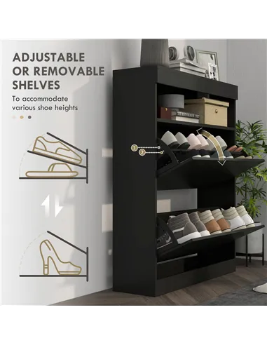 HOMCOM 16 Shoe Pair Storage Cabinet, with Flip Doors - High Gloss Black