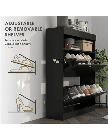 HOMCOM 16 Shoe Pair Storage Cabinet, with Flip Doors - High Gloss Black