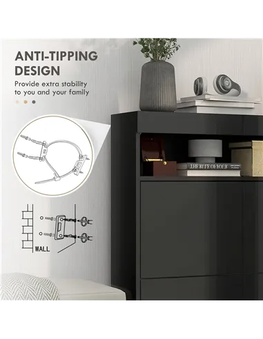 HOMCOM 16 Shoe Pair Storage Cabinet, with Flip Doors - High Gloss Black