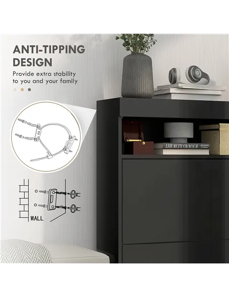 HOMCOM 16 Shoe Pair Storage Cabinet, with Flip Doors - High Gloss Black