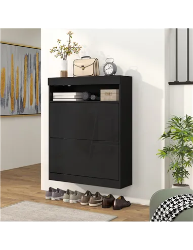 HOMCOM 16 Shoe Pair Storage Cabinet, with Flip Doors - High Gloss Black