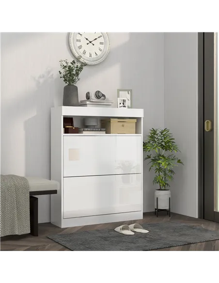 HOMCOM 16 Shoe Pair Storage Cabinet, with Flip Doors - High Gloss White