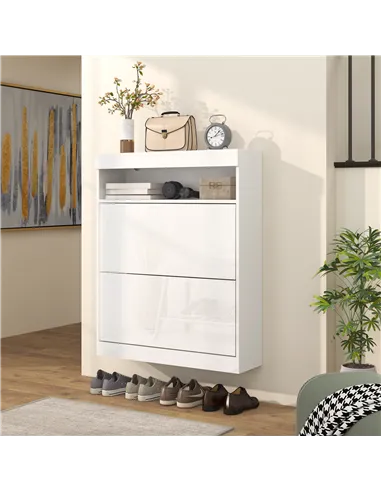 HOMCOM 16 Shoe Pair Storage Cabinet, with Flip Doors - High Gloss White