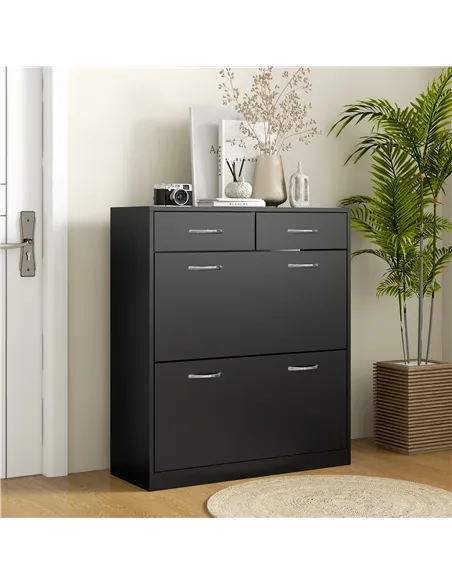 HOMCOM Narrow Shoe Storage with 2 Flip Drawers and Adjustable Shelves Shoe Cabinet Organizer for 12 Pairs of Shoes, Black