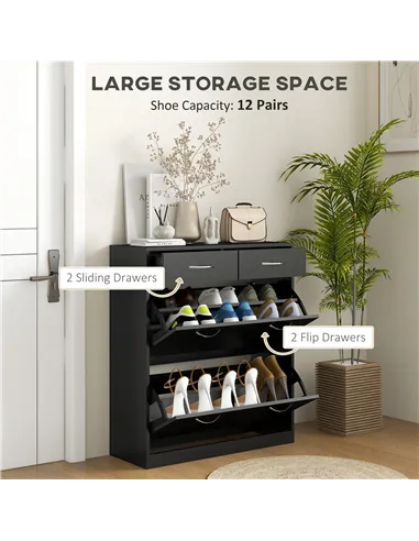 HOMCOM Narrow Shoe Storage with 2 Flip Drawers and Adjustable Shelves Shoe Cabinet Organizer for 12 Pairs of Shoes, Black