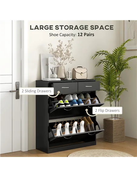 HOMCOM Narrow Shoe Storage with 2 Flip Drawers and Adjustable Shelves Shoe Cabinet Organizer for 12 Pairs of Shoes, Black