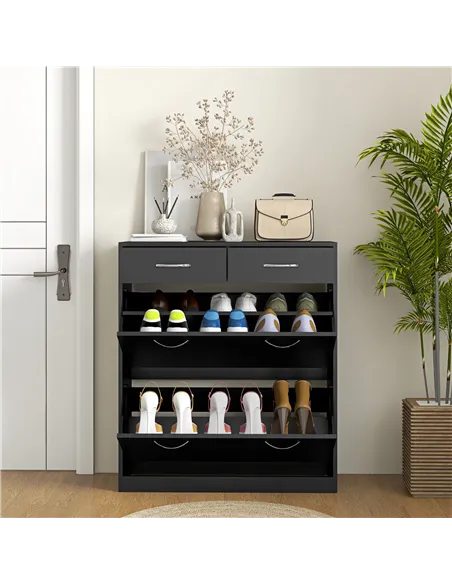 HOMCOM Narrow Shoe Storage with 2 Flip Drawers and Adjustable Shelves Shoe Cabinet Organizer for 12 Pairs of Shoes, Black