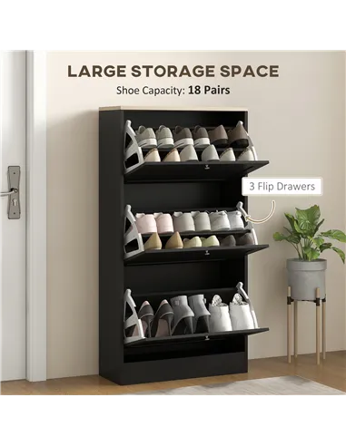 HOMCOM Modern Compact Three-Drawer Shoe Storage Cabinet - Black
