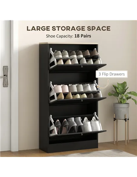 HOMCOM Modern Compact Three-Drawer Shoe Storage Cabinet - Black