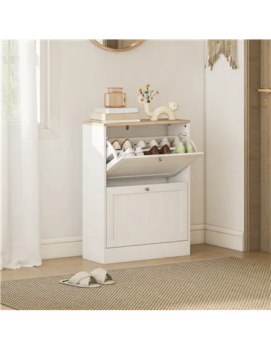 HOMCOM Two Flip Drawer Shoe Cabinet - White