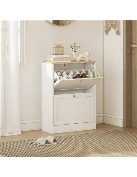 HOMCOM Two Flip Drawer Shoe Cabinet - White