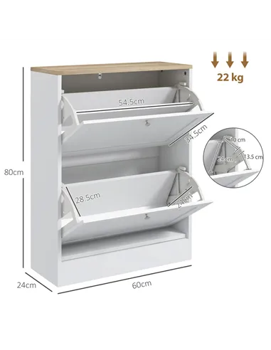 HOMCOM Two Flip Drawer Shoe Cabinet - White