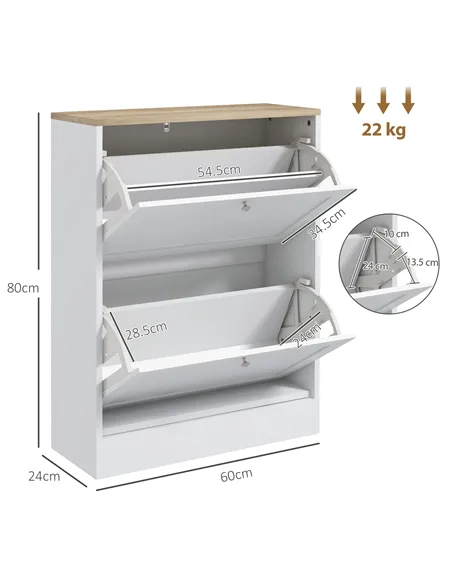 HOMCOM Two Flip Drawer Shoe Cabinet - White