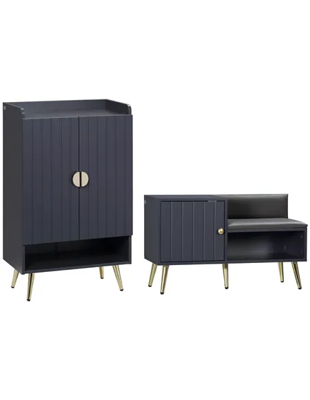 HOMCOM Entryway Furniture Set for 19 Pairs of Shoes, Hallway Shoe Cabinet with Adjustable Shelves, Shoe Storage Bench with Steel