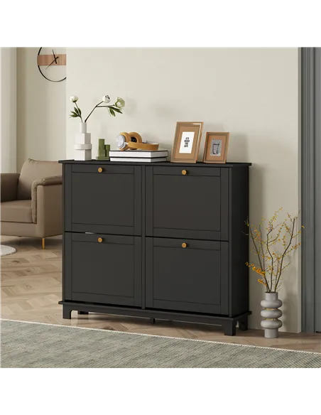 HOMCOM Narrow Shoe Storage Cabinet, Slim Shoe Cabinet with 4 Flip Drawers, Adjustable Shelves for 16 Pairs of Shoes, Black