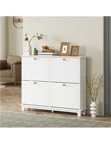 HOMCOM Narrow Shoe Storage Cabinet, Slim Shoe Cabinet with 4 Flip Drawers, Adjustable Shelves for 16 Pairs of Shoes, White