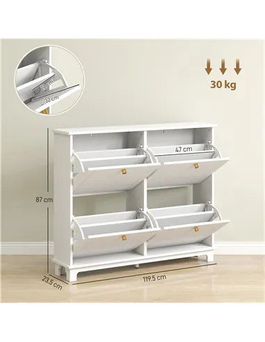 HOMCOM Narrow Shoe Storage Cabinet, Slim Shoe Cabinet with 4 Flip Drawers, Adjustable Shelves for 16 Pairs of Shoes, White