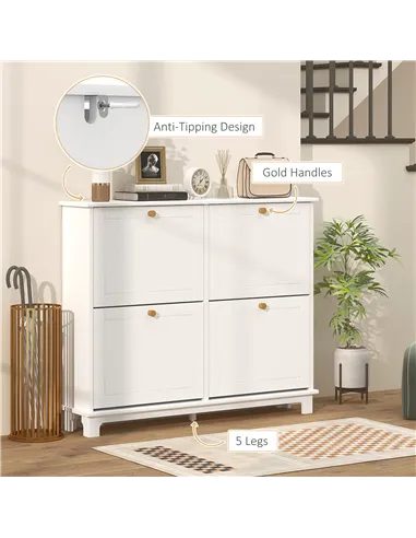 HOMCOM Narrow Shoe Storage Cabinet, Slim Shoe Cabinet with 4 Flip Drawers, Adjustable Shelves for 16 Pairs of Shoes, White