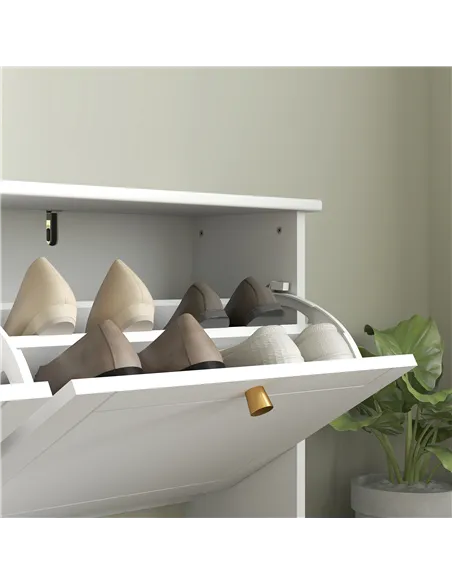 HOMCOM Narrow Shoe Storage Cabinet, Slim Shoe Cabinet with 4 Flip Drawers, Adjustable Shelves for 16 Pairs of Shoes, White