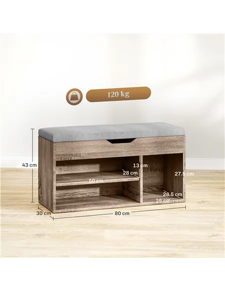 HOMCOM Shoes Cabinet Bench Hidden Storage Padded Seat Organiser Footwear Rack Hallway Grey Wood Grain