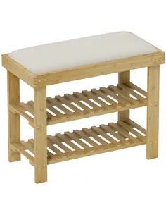 HOMCOM Bamboo Shoe Storage Bench, 3-Tier Shoe Bench with Seat Cushion, Shoe Rack for Entryway, Hallway, Living Room, Bedroom, Cr