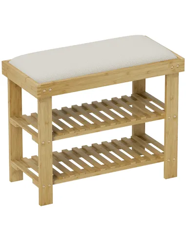 HOMCOM Bamboo Shoe Storage Bench, 3-Tier Shoe Bench with Seat Cushion, Shoe Rack for Entryway, Hallway, Living Room, Bedroom, Cr