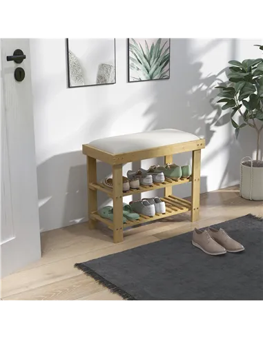 HOMCOM Bamboo Shoe Storage Bench, 3-Tier Shoe Bench with Seat Cushion, Shoe Rack for Entryway, Hallway, Living Room, Bedroom, Cr