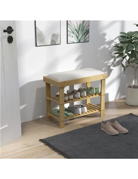 HOMCOM Bamboo Shoe Storage Bench, 3-Tier Shoe Bench with Seat Cushion, Shoe Rack for Entryway, Hallway, Living Room, Bedroom, Cr