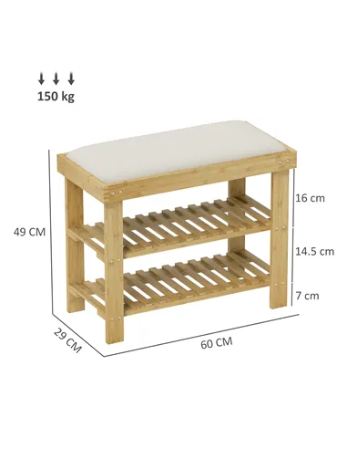 HOMCOM Bamboo Shoe Storage Bench, 3-Tier Shoe Bench with Seat Cushion, Shoe Rack for Entryway, Hallway, Living Room, Bedroom, Cr