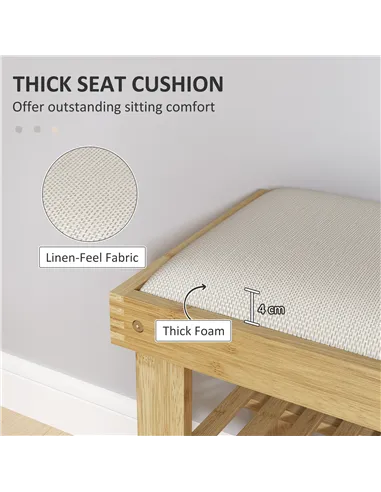 HOMCOM Bamboo Shoe Storage Bench, 3-Tier Shoe Bench with Seat Cushion, Shoe Rack for Entryway, Hallway, Living Room, Bedroom, Cr