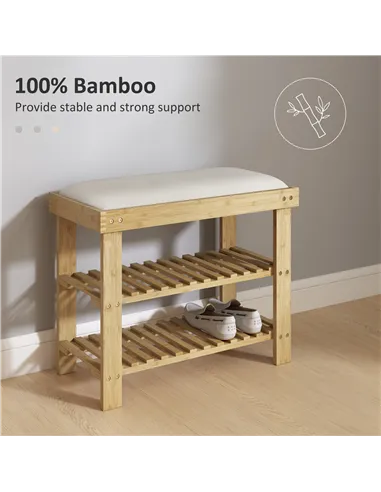 HOMCOM Bamboo Shoe Storage Bench, 3-Tier Shoe Bench with Seat Cushion, Shoe Rack for Entryway, Hallway, Living Room, Bedroom, Cr