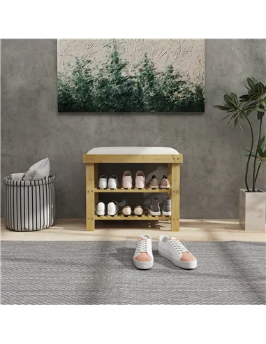 HOMCOM Bamboo Shoe Storage Bench, 3-Tier Shoe Bench with Seat Cushion, Shoe Rack for Entryway, Hallway, Living Room, Bedroom, Cr