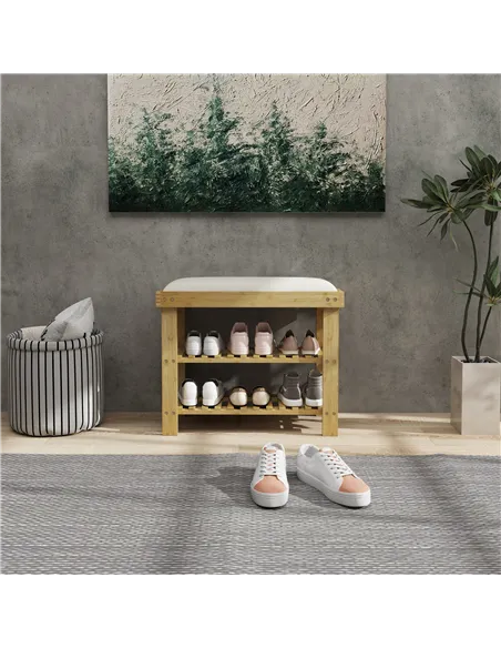HOMCOM Bamboo Shoe Storage Bench, 3-Tier Shoe Bench with Seat Cushion, Shoe Rack for Entryway, Hallway, Living Room, Bedroom, Cr